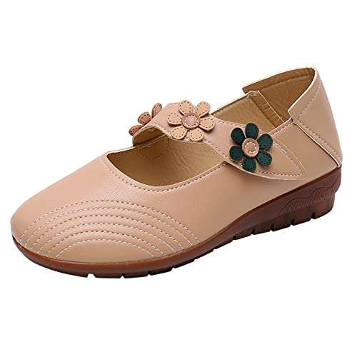 VBEDKDEB Mary Jane Schuhe Frühling Damen Freizeitschuhe Flacher weicher Boden rutschfeste leichte Bequeme Hakenschlaufe einfarbig Lolita Schuhe (Khaki, 37) von VBEDKDEB