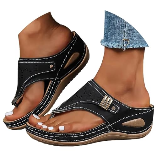VBEDKDEB Orthopädische Flip Flops Damen Orthocare Plateau Keilabsatz Zehentrenner Elegant Leder Bequeme Zehensandalen Rutschfeste Slipper 2025 Sommer Lässige Strand Urlaub Sandalen (43) von VBEDKDEB