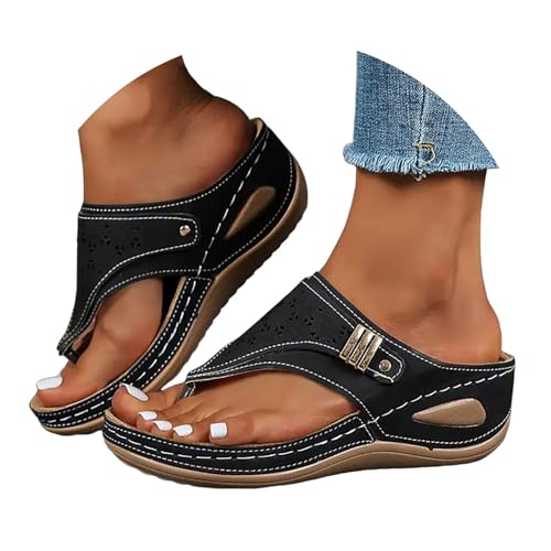 VBEDKDEB Orthopädische Flip Flops Damen Orthocare Plateau Keilabsatz Zehentrenner Elegant Leder Bequeme Zehensandalen Rutschfeste Slipper 2025 Sommer Lässige Strand Urlaub Sandalen (Schwarz, 37) von VBEDKDEB