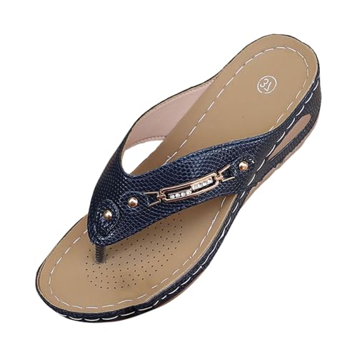 VBEDKDEB Orthopädische Flip Flops für Damen Bequeme Fußgewölbestütze Zehentrenner Frauen Flip-Flops Orthocare Bohemian Flipflops Sommer Keilabsatz Sandalen (Dark Blue, 38) von VBEDKDEB