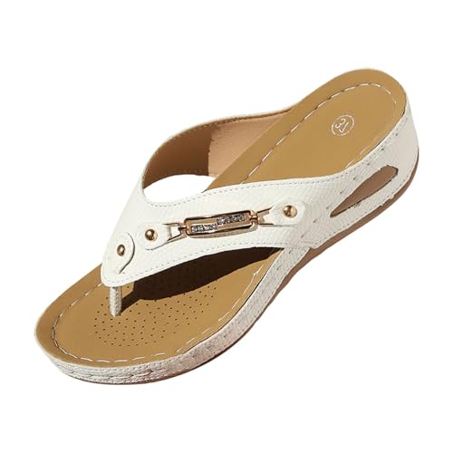 VBEDKDEB Orthopädische Flip Flops für Damen Bequeme Fußgewölbestütze Zehentrenner Frauen Flip-Flops Orthocare Bohemian Flipflops Sommer Keilabsatz Sandalen (White, 39) von VBEDKDEB