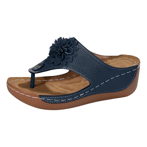VBEDKDEB Orthopädische Flip-Flops für Damen Sommer Keilabsatz Flip Flops Frauen Hausschuhe Bohemian Flipflops Bequeme Fußgewölbestütze Sandalen Orthocare Zehentrenner (Dark Blue, 40) von VBEDKDEB