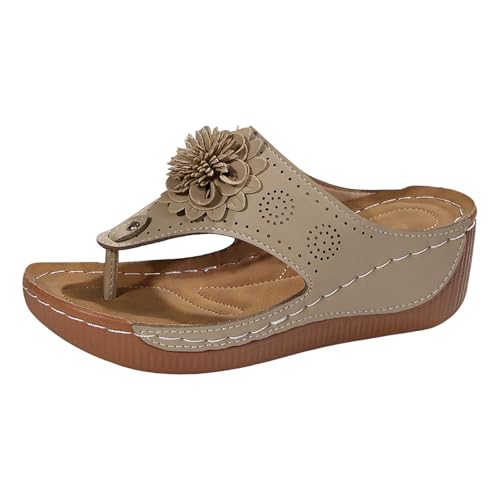 VBEDKDEB Orthopädische Flip-Flops für Damen Sommer Keilabsatz Flip Flops Frauen Hausschuhe Bohemian Flipflops Bequeme Fußgewölbestütze Sandalen Orthocare Zehentrenner (Khaki, 37) von VBEDKDEB
