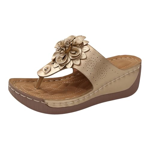 VBEDKDEB Orthopädische Flip-Flops für Damen Sommer Keilabsatz Flip Flops Frauen Orthocare Zehentrenner Bohemian Flipflops Bequeme Fußgewölbestütze Sandalen (Gold, 37) von VBEDKDEB