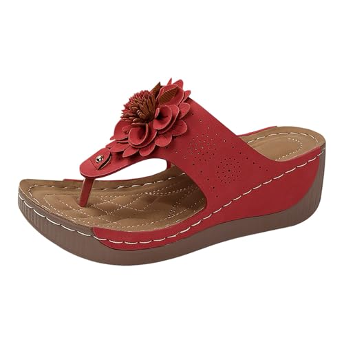 VBEDKDEB Orthopädische Flip-Flops für Damen Sommer Keilabsatz Flip Flops Frauen Orthocare Zehentrenner Bohemian Flipflops Bequeme Fußgewölbestütze Sandalen (Red, 42) von VBEDKDEB