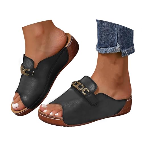 VBEDKDEB Orthopädische Latschen Damen Sommer Leder Pantoletten Orthocare Schuhe Bequeme Peeptoe Schlappen Elegant Plateau Schiebe-Sandalen Sandaletten Rutschfeste Hausschuhe Outdoor Slipper (41) von VBEDKDEB
