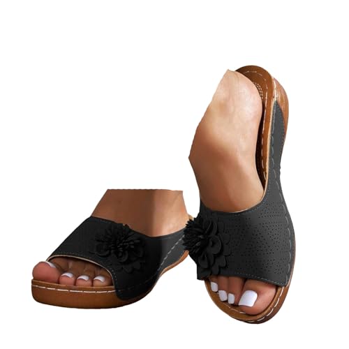 VBEDKDEB Orthopädische Latschen Damen Sommer Pantoletten Orthocare Schuhe Bequeme Peeptoe Schlappen Elegant Blumen Plateau Schiebe-Sandalen Sandaletten Rutschfeste Hausschuhe Outdoor Slipper (39) von VBEDKDEB