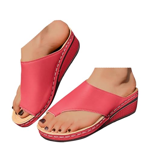 VBEDKDEB Orthopädische Schuhe Damen Hallux Valgus Bequeme Keilabsatz Flip Flops 2025 Sommer Leder Flipflops Orthocare Arch Support Rutschfeste Zehentrenner für Strand Reise Sauna (Red, 38) von VBEDKDEB