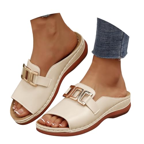 VBEDKDEB Orthopädische Schuhe Damen Pantoletten Orthocare Keilabsatz Sommer Latschen Elegant Leder Bequeme Schlappen Offen Rutschfeste Slipper 2025 Lässige Sandalen Hausschuhe (Beige, 40) von VBEDKDEB