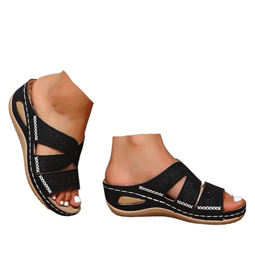 VBEDKDEB Orthopädische Schuhe Damen Pantoletten Sommer Orthocare Keilabsatz Latschen Elegant Leder Bequeme Schlappen Offen Rutschfeste Slipper 2025 Lässige Strand Urlaub Sandalen (Schwarz, 37) von VBEDKDEB