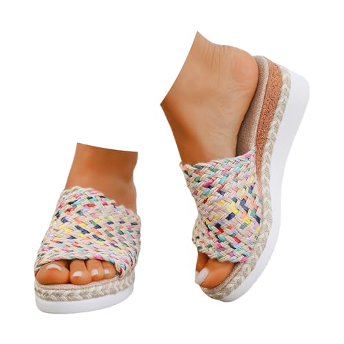 VBEDKDEB Pantoletten Damen Plateau Rutschfeste Latschen Bequeme Fußbett Espadrilles Sandaletten Offen Schlappen Sommer Lässige Leinensandalen Hausschuhe Strand Reise Urlaub (C-2-Multicolour, 38) von VBEDKDEB