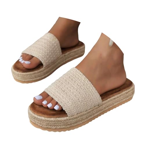 VBEDKDEB Pantoletten Damen Latschen Plateau Espandrillos Sommer Elegant Espadrilles Bequeme Schlappen Lienen Pantoffel Rutschfeste Hausschuhe Hauspantoffeln Leinensandalen Mit Fußbett (Beige, 37.5) von VBEDKDEB