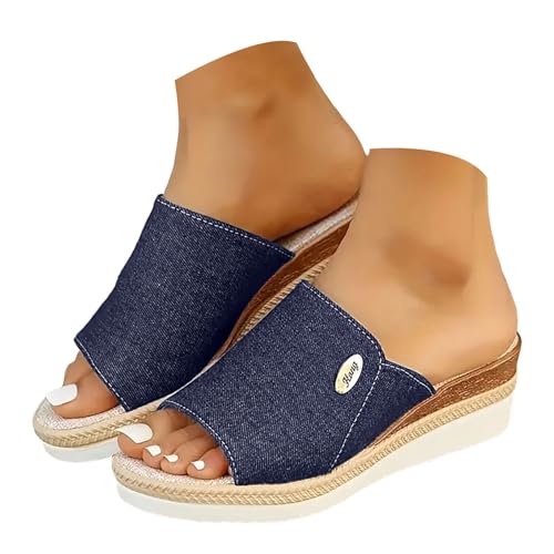 Pantoletten Damen Latschen Plateau Espandrillos Sommer Elegant Espadrilles Bequeme Schlappen Lienen Pantoffel Rutschfeste Hausschuhe Hauspantoffeln Leinensandalen Mit Fußbett (C-5-Dark Blue, 38) von VBEDKDEB