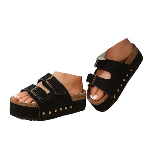 VBEDKDEB Pantoletten Damen Plateau Rutschfeste Latschen Bequeme Fußbett Sandaletten Verstellbaren Riemchen Offen Schlappen Sommer Lässige Nieten Sandalen Hausschuhe Strand Reise Slipper (37) von VBEDKDEB