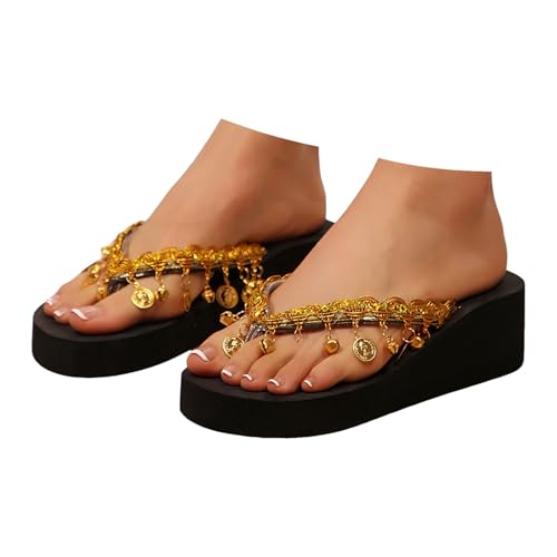 VBEDKDEB Plateau Flip Flops Damen offener Spitze Zehentrenner Keilabsatz Zehensandalen Sommer Zehenstegsandalen für den Strand (Gold, 40.5) von VBEDKDEB