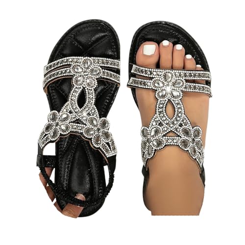 VBEDKDEB Sandalen Damen Elegant Strass Bohemian Bequeme Flach Walkingsandalen Offen Elastisch Slingback Rutschfeste Sandaletten 2025 Sommer Lässige Urlaub Reise Strand Schuhe (37.5) von VBEDKDEB