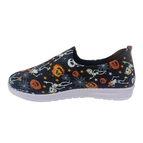 VBEDKDEB Slip On Sneakers Damen Freizeitschuhe Slipper Damen Stoff Casual Halloween Bedruckt Runde Zehen Canvas Schnürschuhe Flache Große Größe Freizeitschuhe Bootsschuhe Damen (Orange, 41) von VBEDKDEB
