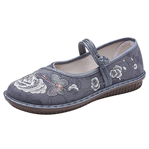 VBEDKDEB Slip On Sneakers Damen Slipper Freizeitschuhe Mode Frühling Damen Freizeitschuhe Flacher Boden leicht runde Zehe Bestickt Blumenmuster ethnischen Stil Schwarze Turnschuhe Damen (Grey, 39) von VBEDKDEB