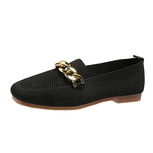 VBEDKDEB Slip On Sneakers Damen Slipper Freizeitschuhe einfarbig atmungsaktiv gestrickt Metallkette dekorative Flache Sohle Freizeitschuhe Schuhe Weiten (37) von VBEDKDEB