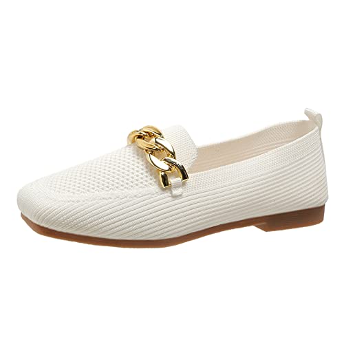 VBEDKDEB Slip On Sneakers Damen Slipper Freizeitschuhe einfarbig atmungsaktiv gestrickt Metallkette dekorative Flache Sohle Freizeitschuhe Schuhe Weiten (White, 37) von VBEDKDEB