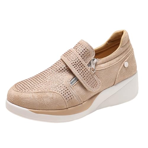 VBEDKDEB Sneaker Damen Freizeitschuhe Slip on Slipper Große runde Zehen Strass Sneakers, lässig bequem, Einzelschuhe Sneaker High Damen (Beige, 38) von VBEDKDEB