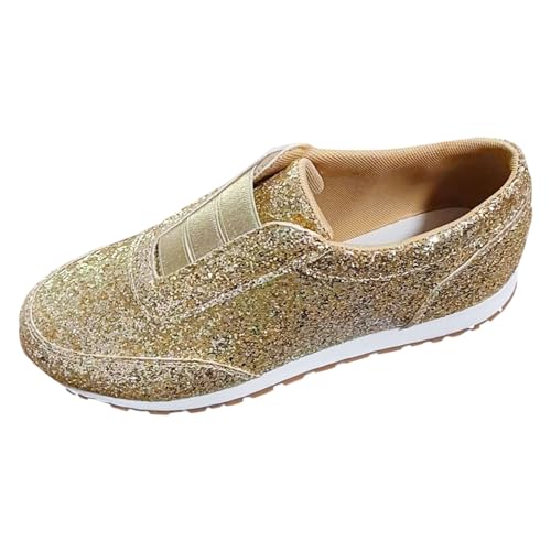 VBEDKDEB Sneaker Damen Freizeitschuhe Slip on Sportschuhe Modische Sportschuhe mit flachem Boden elastischen Winter Gürtel Pailletten, EIN Fuß Lazy Schuhe Barfuss Schuhe Damen (Gold, 41) von VBEDKDEB