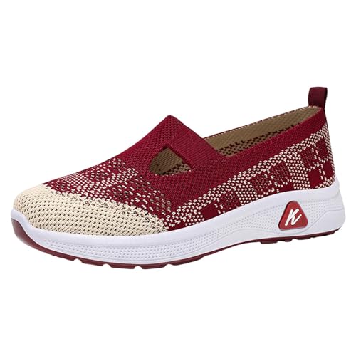 VBEDKDEB Sneaker Damen Freizeitschuhe Slipper Laufschuhe Atmungsaktive, Bequeme Damen Schlupfschuhe mit Flacher Sohle Weiße Schuhe Damen (Red, 39) von VBEDKDEB