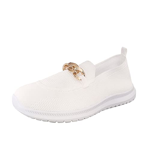 VBEDKDEB Sneaker Damen Freizeitschuhe Turnschuhe Slipper einfarbige atmungsaktive Mesh Kette Flache, lässige Sportschuhe Sneaker Damen Weiß (White, 42) von VBEDKDEB