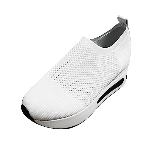 VBEDKDEB Sneaker Damen Laufschuhe Slip on Sportschuhe, einfarbig, atmungsaktives Mesh, Hohlkeile, Dicke Sohle, lässig, Sport, Schaukelschuhe Turnschuhe Mädchen (White, 39) von VBEDKDEB