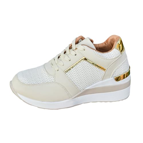 VBEDKDEB Sneaker Damen Laufschuhe Sportschuhe Slipper Damenmode Keilabsatz Dicke Sohle Sport Freizeitschuhe Atmungsaktiv Große Größe Leichte Laufschuhe Sportschuhe Sneakers Weiss Damen (Beige, 40) von VBEDKDEB