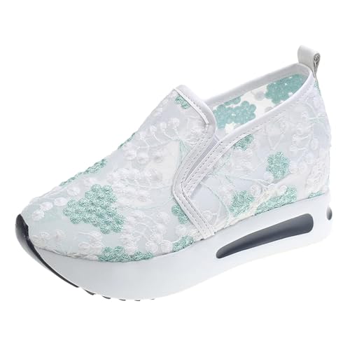 VBEDKDEB Sneaker Damen Laufschuhe Turnschuhe Freizeitschuhe Damenmode Atmungsaktive Spitze Mesh Blumenstickerei Runder Kopf Dicker Boden Bequeme Freizeitschuhe Zehenschuhe Damen (Green, 44) von VBEDKDEB