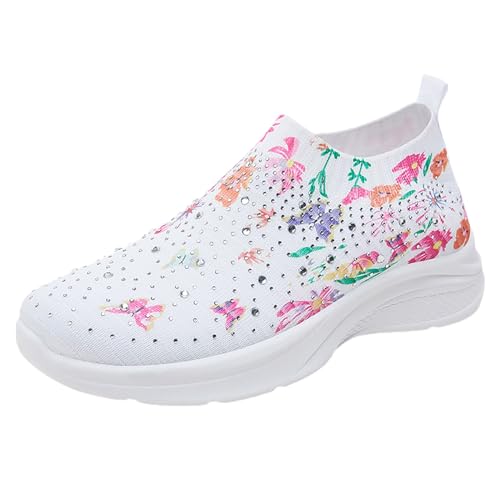VBEDKDEB Sneaker Damen Laufschuhe Turnschuhe Sportschuhe Damenmode Trend Fly Weave One Foot Steigbügel Strass Sockenschuhe Freizeitschuhe Turnschuhe (White, 38) von VBEDKDEB