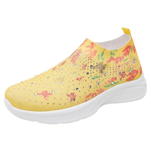 VBEDKDEB Sneaker Damen Laufschuhe Turnschuhe Sportschuhe Damenmode Trend Fly Weave One Foot Steigbügel Strass Sockenschuhe Freizeitschuhe Turnschuhe (Yellow, 38) von VBEDKDEB