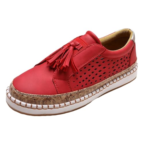 VBEDKDEB Sneaker Damen Slip on Freizeitschuhe Sportschuhe, Fransen, ausgehöhlt, runde Zehenpartie, Flache Slip On Schuhe, Damen Sneakers Plateau-Sneaker (Red, 39) von VBEDKDEB