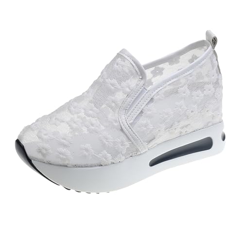 VBEDKDEB Sneaker Damen Slip on Laufschuhe Slipper Atmungsaktive Spitzen Mesh Blumenstickerei Dicker Boden Bequeme Freizeitschuhe Schuhe Für Langes Stehen (White, 38) von VBEDKDEB
