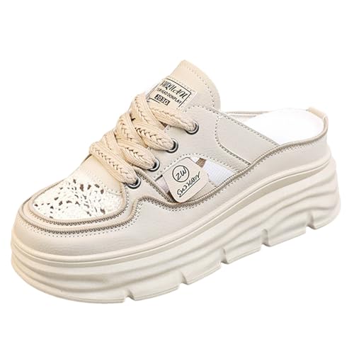 VBEDKDEB Sneaker Damen Slip on Sportschuhe Slipper Comfortable Women's Platform Sneakers with Breathable Cutout Design and Lace Up Closure Perfect for Summer Orthocare Schuhe Damen (Khaki, 39) von VBEDKDEB