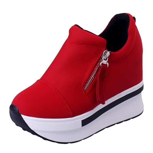 VBEDKDEB Sneaker Damen Slip on Sportschuhe Slipper Damen Freizeitschuhe, Dicke Sohlen, Plattform, Segeltuch, hochhackige Reißverschluss, Außenhandel Damenschuhe Turnschuhe Damen Schwarz (Red, 37) von VBEDKDEB
