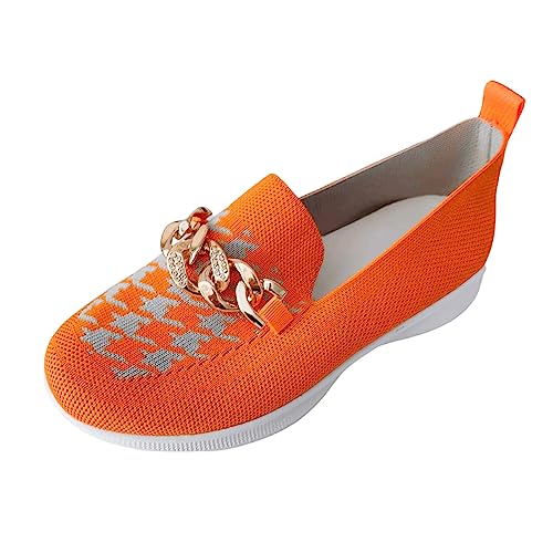 VBEDKDEB Sneaker Damen Slip on Turnschuhe Freizeitschuhe Atmungsaktive Mesh Metallkettendekoration Dicke Sohle Lässige Sportschuhe Sneaker Weiß (Orange, 42) von VBEDKDEB