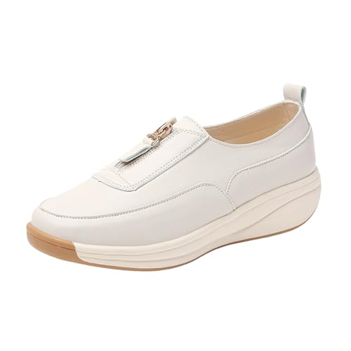 VBEDKDEB Sneaker Damen Slip on Turnschuhe Freizeitschuhe Damen Einzelschuhe Modische Vielseitige Mama Schuhe Freizeitschuhe Hohle Plateauschuhe mit Reißverschluss Plateau-Sneaker (White, 41) von VBEDKDEB