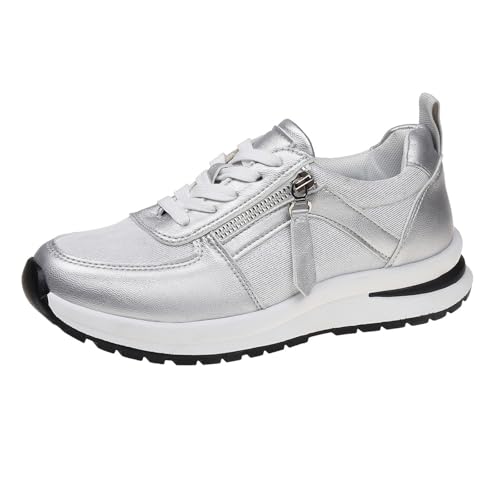 VBEDKDEB Sneaker Damen Slip on Turnschuhe Laufschuhe Sportschuhe mit Dicker Sohle Schnürung, modisch, glänzend, Flache Unterseite, runde Zehenpartie, niedriges Oberteil, Sneaker Damen Hellblau (38) von VBEDKDEB
