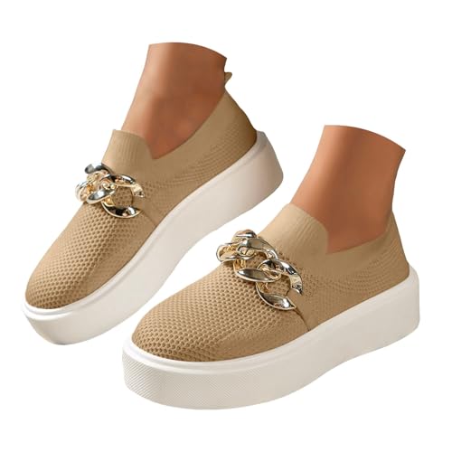 VBEDKDEB Sneaker Damen Slipper Slip on Laufschuhe Damenmode Einfarbig Mesh Metallkette Dekorative Plattform Freizeitschuhe White Sneakers Women (Khaki, 42) von VBEDKDEB