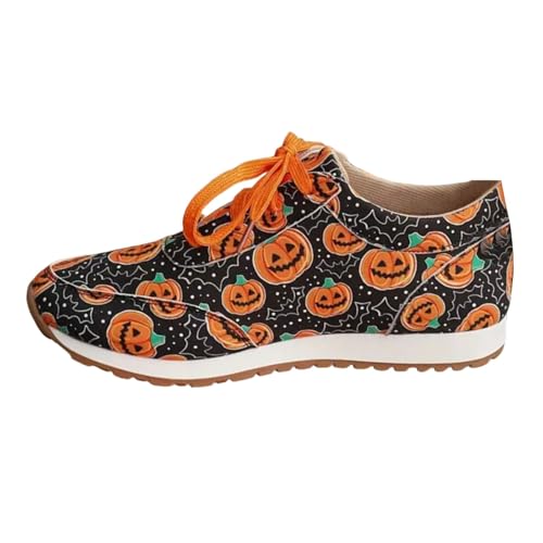 VBEDKDEB Sneaker Damen Slipper Sportschuhe Laufschuhe Damen Stoff Casual Halloween Bedruckt Runde Zehen Canvas Schnürschuhe Flache Große Größe Freizeitschuhe Braune Sneaker Damen (Orange, 43) von VBEDKDEB