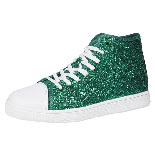VBEDKDEB Sneaker Damen Slipper Turnschuhe Laufschuhe Damen Schuhe, schlicht, zum Schnüren, hoch Oben, lässig, glänzend, feiner Glitzer, Flache Freizeitschuhe, Board Slipper Damen (Green, 41) von VBEDKDEB