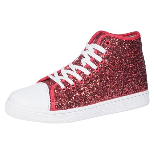 VBEDKDEB Sneaker Damen Slipper Turnschuhe Laufschuhe Damen Schuhe, schlicht, zum Schnüren, hoch Oben, lässig, glänzend, feiner Glitzer, Flache Freizeitschuhe, Board Slipper Damen (Red, 39) von VBEDKDEB