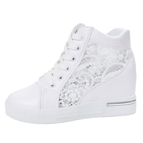 VBEDKDEB Sneaker Damen Sportschuhe Freizeitschuhe Slipper Damenmode Mesh Leder Panel Kurze Stiefel Schnürung Dicker Absatz Coole Sneaker Damen Weiss (White, 39) von VBEDKDEB