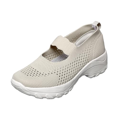 VBEDKDEB Sneaker Damen Sportschuhe Laufschuhe Slipper Leichte Bequeme Slip On Wanderschuhe mit elastischer Sohle, Freizeitschuhe für Damen Dicker Mesh Schuhe Ortho Care Schuhe Damen (Beige, 37) von VBEDKDEB