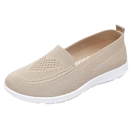 VBEDKDEB Sneaker Damen Sportschuhe Slip on Freizeitschuhe Damen Ballerinas mit runder Zehenpartie, Schlupfschuhe aus Strick, legere Abendschuhe, Bequeme Wanderschuhe Sneakers Damen Weiß (Beige, 42) von VBEDKDEB