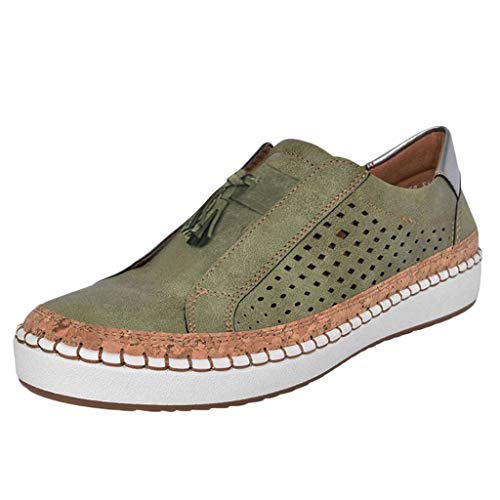 VBEDKDEB Sneaker Damen Turnschuhe Slip on Freizeitschuhe Damen Mode Fringe Loch Out Runde Zehenschein auf den flachen Schuhe Halbschuhe Damen Elegant (Green, 40) von VBEDKDEB