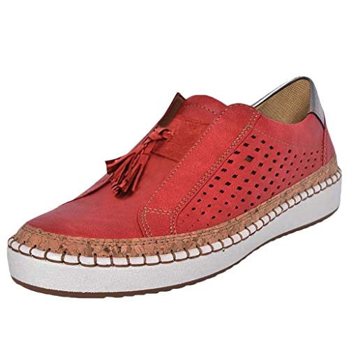 VBEDKDEB Sneaker Damen Turnschuhe Slip on Freizeitschuhe Damen Mode Fringe Loch Out Runde Zehenschein auf den flachen Schuhe Halbschuhe Damen Elegant (Red, 40) von VBEDKDEB