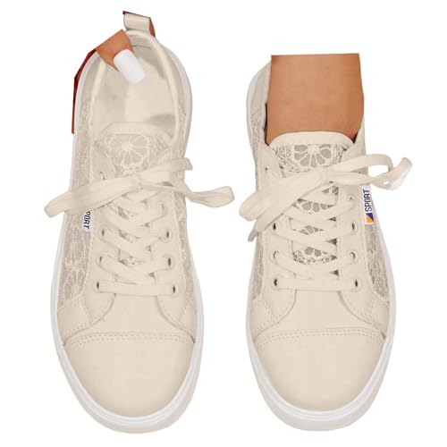 VBEDKDEB Sneaker Damen Weiß Sommer Leicht Weich Weisse Sneakers Schwarz Lässige Flache Schuhe Modische Atmungsaktiv Turnschuhe Trachtenschuhe Brautschuhe mit Spitze Bestickt (Khaki, 42) von VBEDKDEB